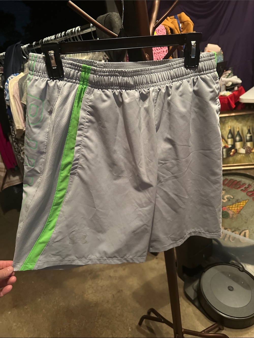 Under Armour Light Gray Athletic Shorts with Neon Green Stripe